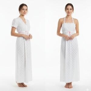 Vintage Sears White and Pink Eyelet Night Gown Robe Belted Small